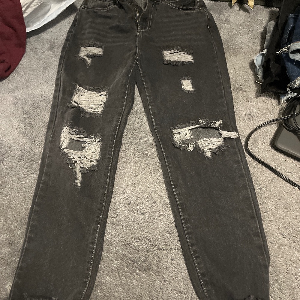 Ripped grey mom jeans high rise